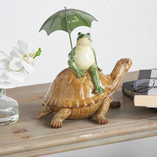 12" Bronze Sitting Frog Sculpture with Umbrella & Brown Walking Turtle